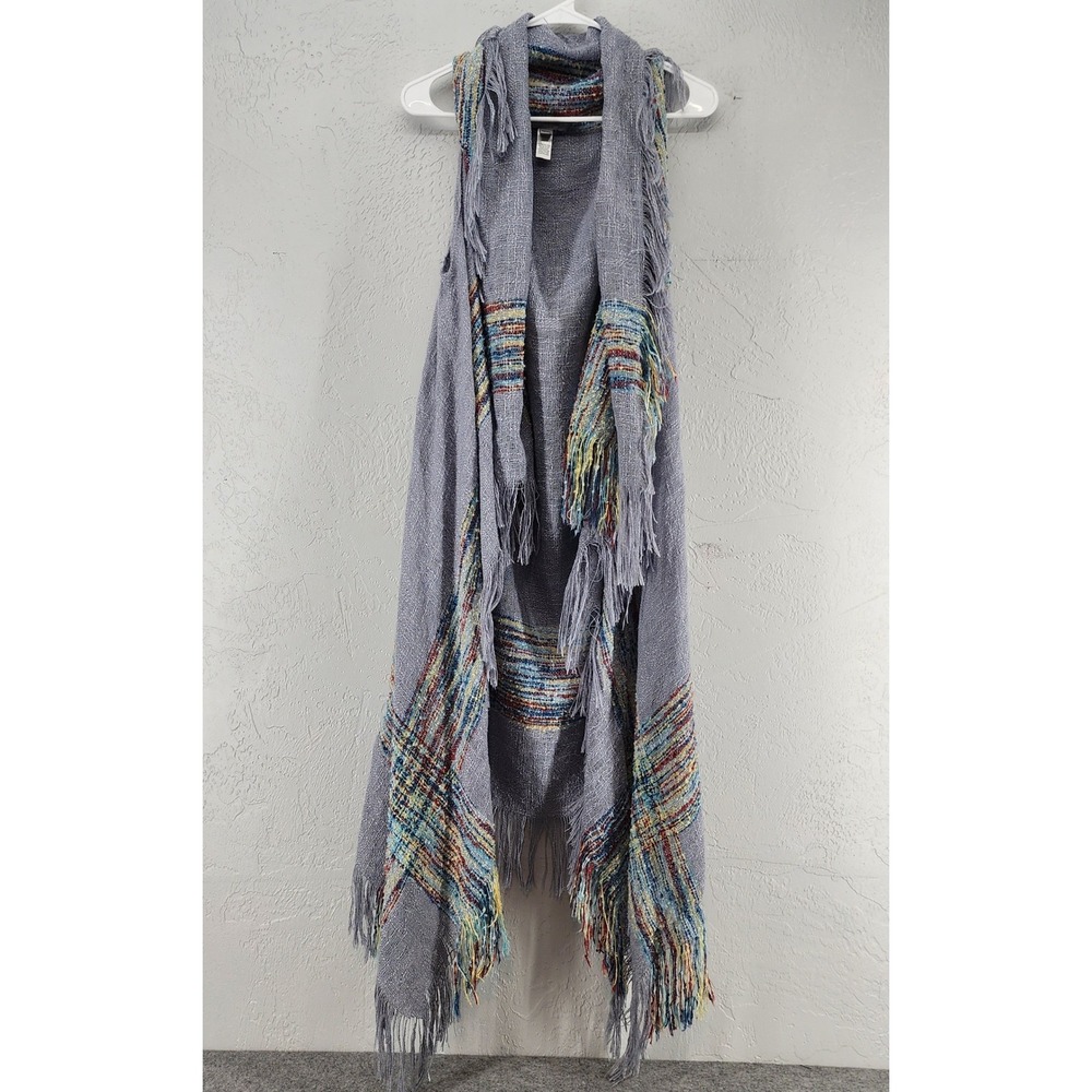 Marc New York Blue Multi Color Fringe Knit Open Front Vest Wrap Shawl Womens OS